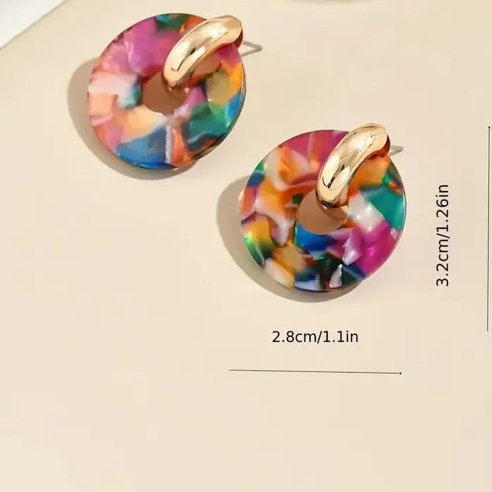Vintage Acrylic Colorful Spliced Circle Stud Earrings for Women Hollow Jewelry