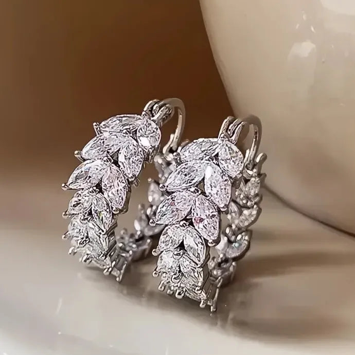 Geometric Hoop Earrings with Leaf Cubic Zirconia Copper Alloy for Women