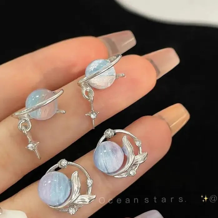 Gradient Blue Planet Rhinestone Fish Tail Earrings for Women Girls Jewelry