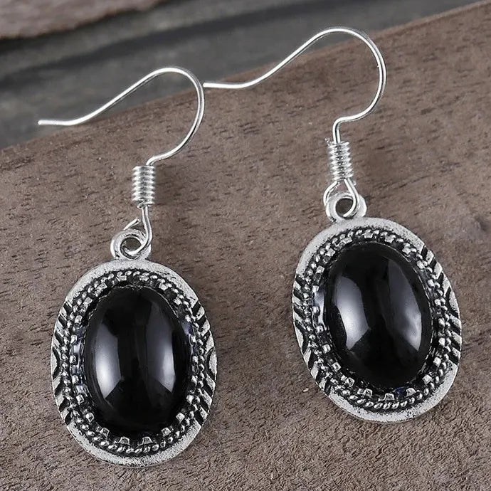 Vintage Silver Large Black Onyx Hoop Stud Earrings Zinc Alloy for Women