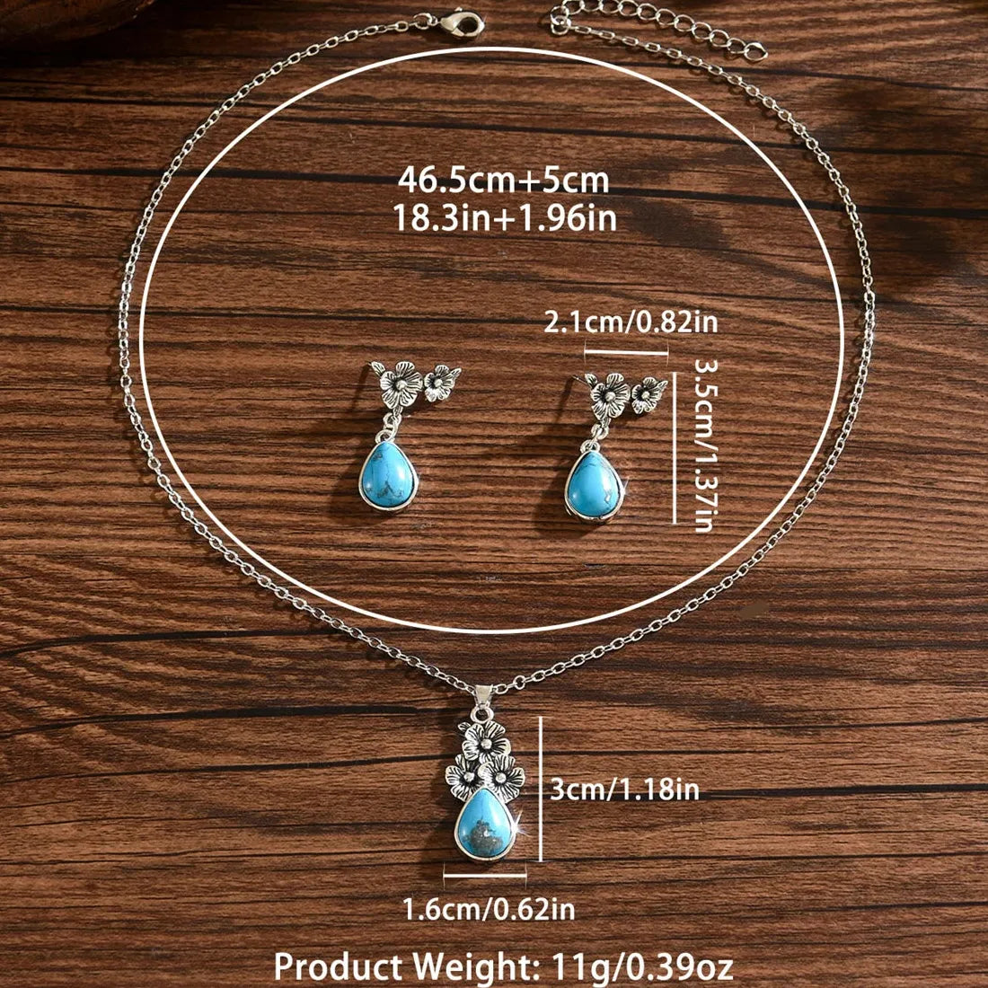 Vintage Floral Asymmetrical Long Drop Earrings Blue Stone Metal Necklace Set