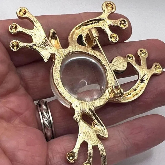 Green Lucite Frog Brooch Pin with Imitation Pearl Retro Toad for Women