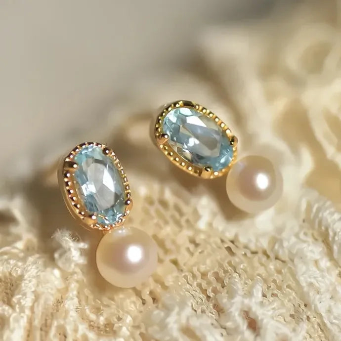 Women's Oval Blue CZ Drop Earrings with Imitation Pearl Copper Alloy Design