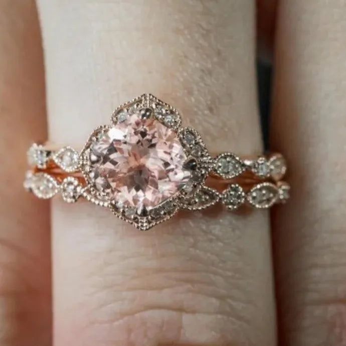 AAA Zircon Stone Micro Paved Rose Gold Bridal Engagement Ring Set Women’s Jewelry