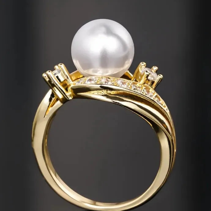 Luxury Imitation Pearl Cubic Zirconia Brass Ring Wedding Gift for Women