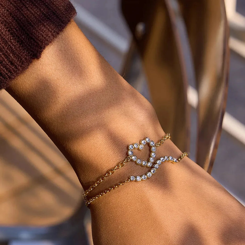 Charm Sparkling Mini Zircon Geometric Heart Tennis Bracelet Women Stainless Steel PVD Gold Plated