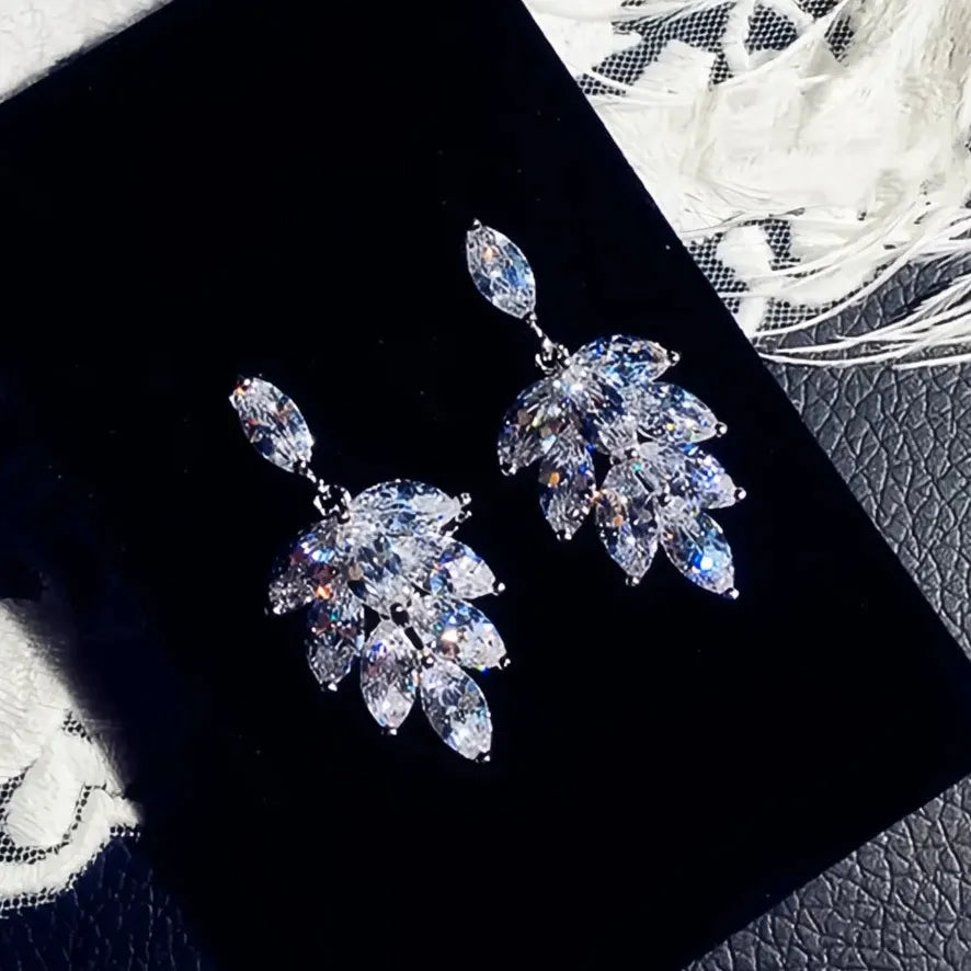 Cubic Zirconia Geometric Leaf Drop Earrings Copper Alloy Wedding Jewelry