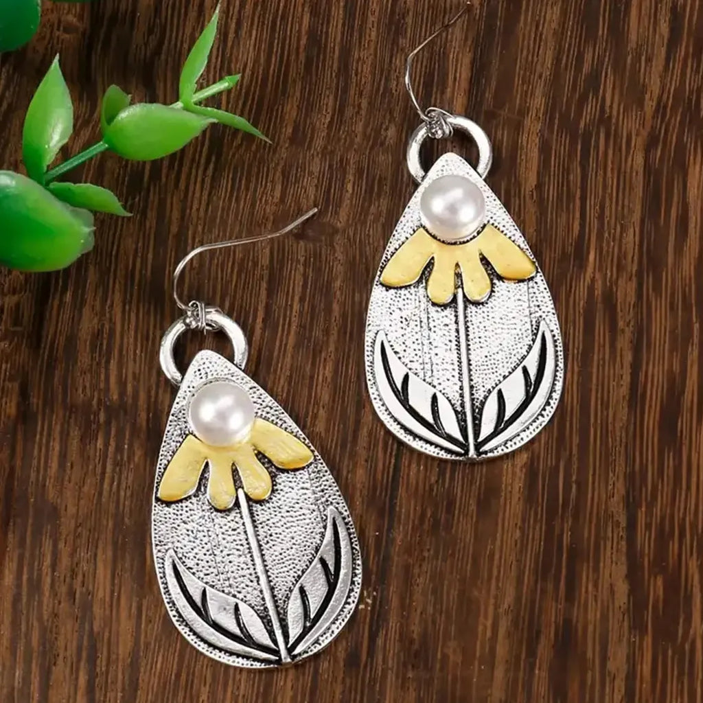 Vintage Bohemian 3D Carved Flower Pendant Pearl Drop Earrings for Women Gift