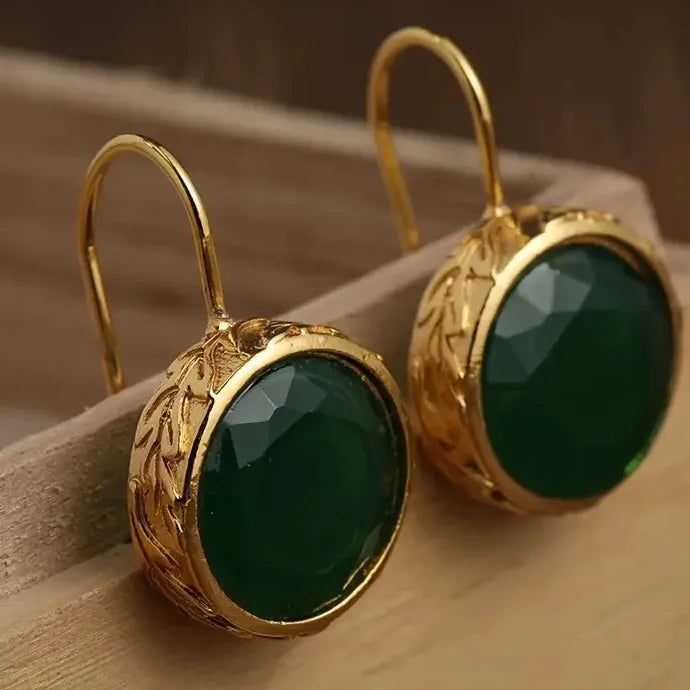 Luxurious Emerald Synthetic Gemstone Drop Earrings Round Shape Jewelry for Women