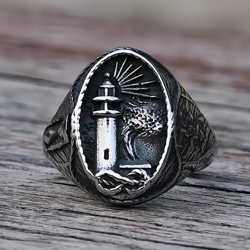 2️⃣ Nautical Lighthouse Ring Stainless Steel Viking Nordic Signet Ring Men