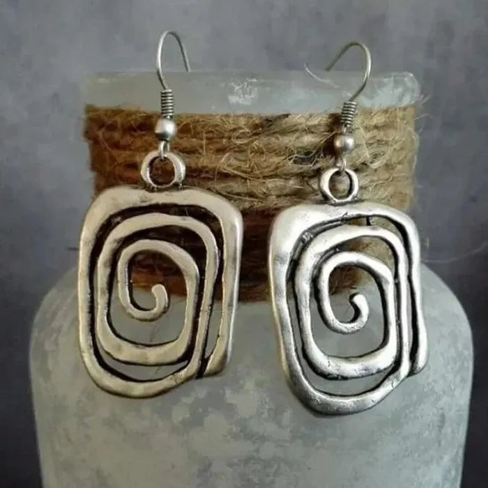 Vintage Ethnic Spiral Hollow Drop Earrings for Women Silver Zinc Alloy Boho Jewelry