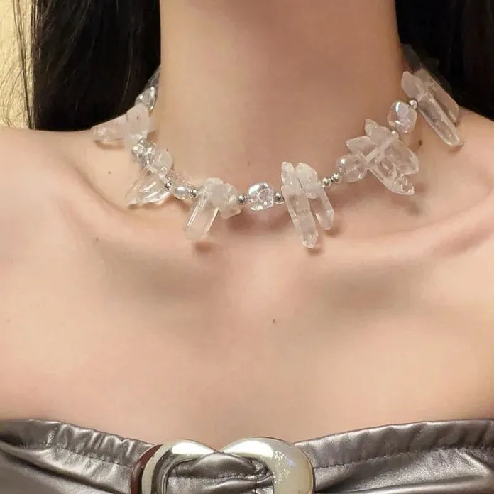 Natural Crystal Irregular Geometric Pendant Necklace Metal Choker Unisex