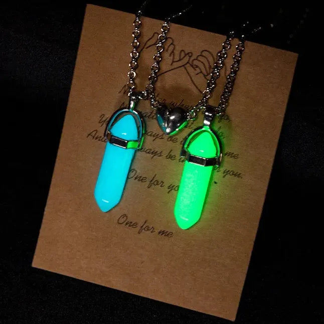 2Pcs Luminous Hexagonal Heart Pendant Couple Magnetic Zinc Alloy Necklace Gift
