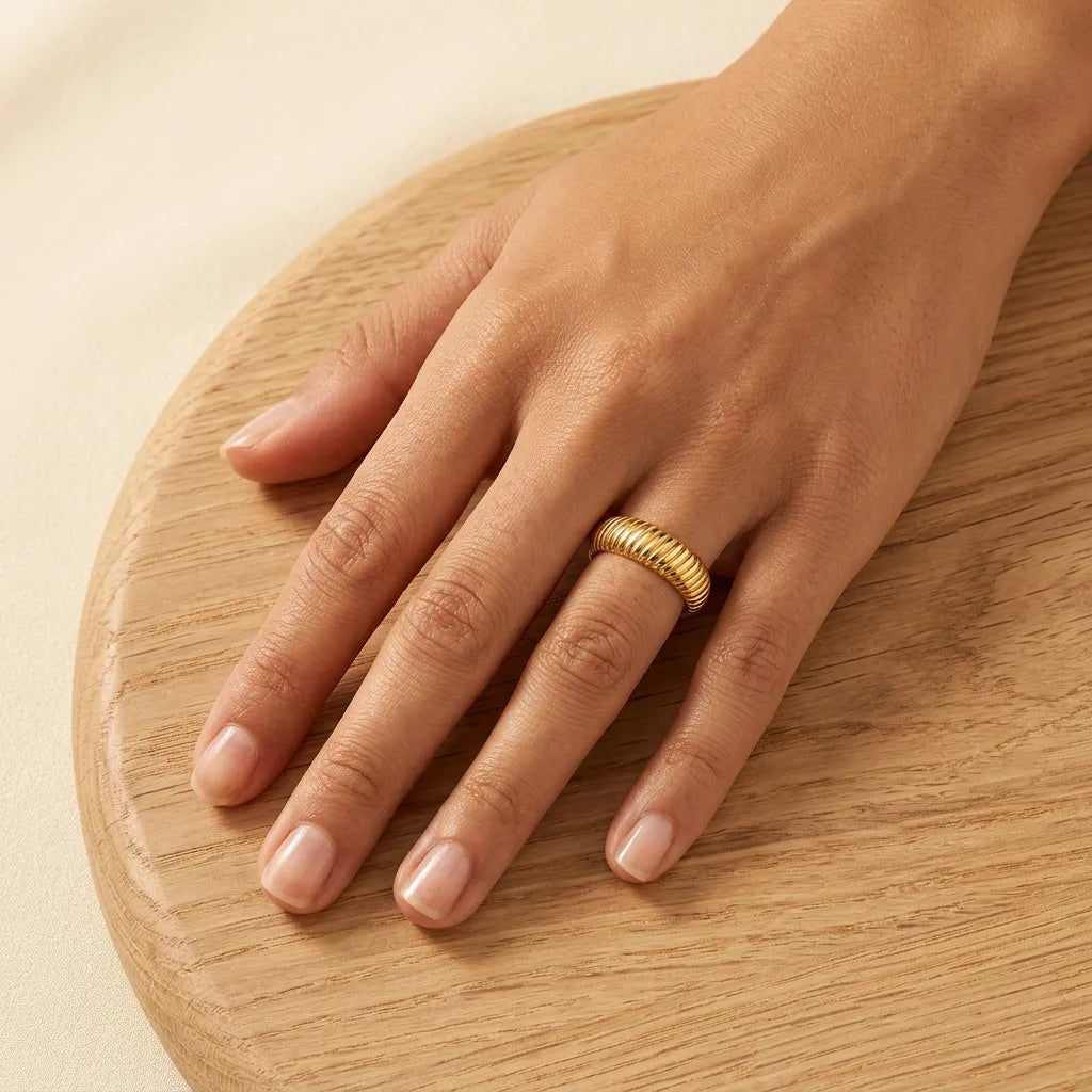 Stainless Steel Textured Engagement Ring for Women 18K Gold Plated Waterproof Vintage