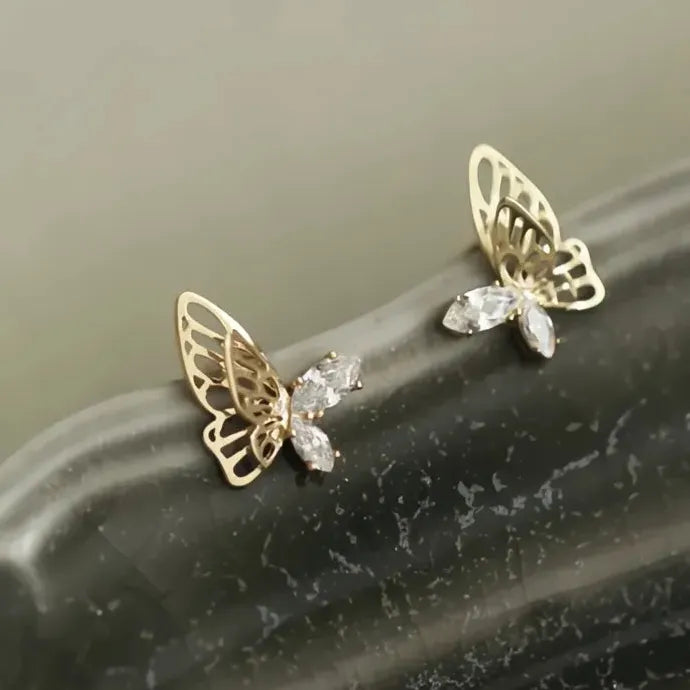 Gold Butterfly Stud Earrings for Women with CZ Stones Copper Alloy