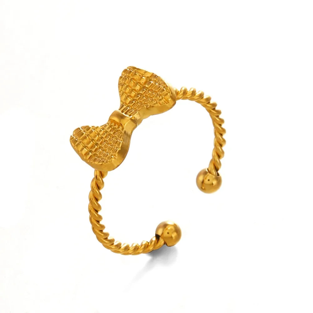 Gold Plated Adjustable Stainless Steel Mini Bowknot Ring Ribbed Twist Circle Jewelry