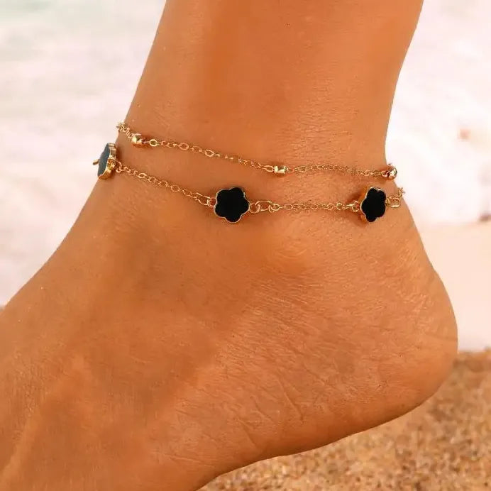 2Pcs Adjustable Zinc Alloy Five-Petal Flower Anklet for Women
