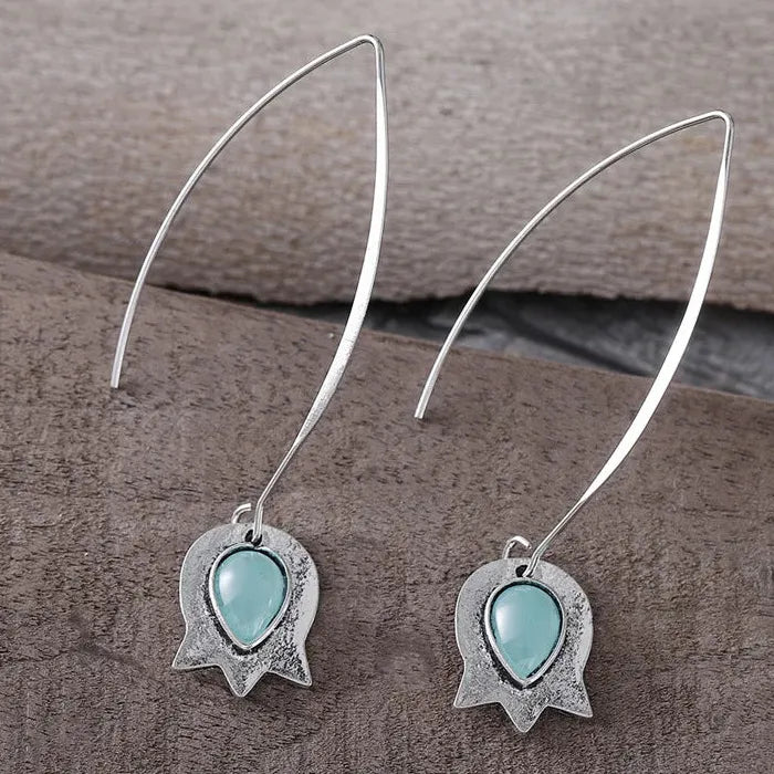 Vintage Floral Tulip Sapphire Inlaid Drop Earrings Zinc Alloy Jewelry for Women