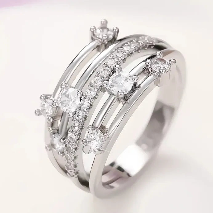 Geometric Multi-layer Cubic Zirconia Cross Wedding Band Ring for Women