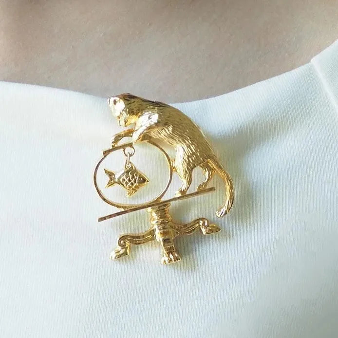 Vintage Cat Fishing Brooch Gold Plated Antique Jewelry Pin Gift for Women