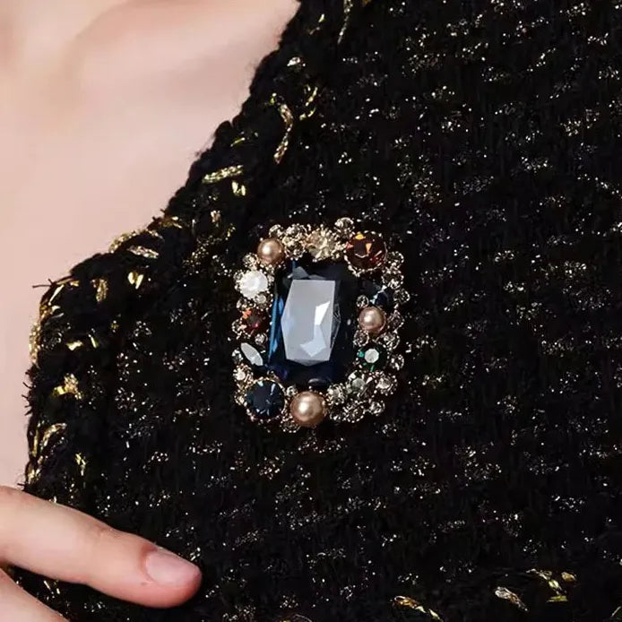 Retro Vintage Square Crystal Pearl Brooch Classic Geometric Pin
