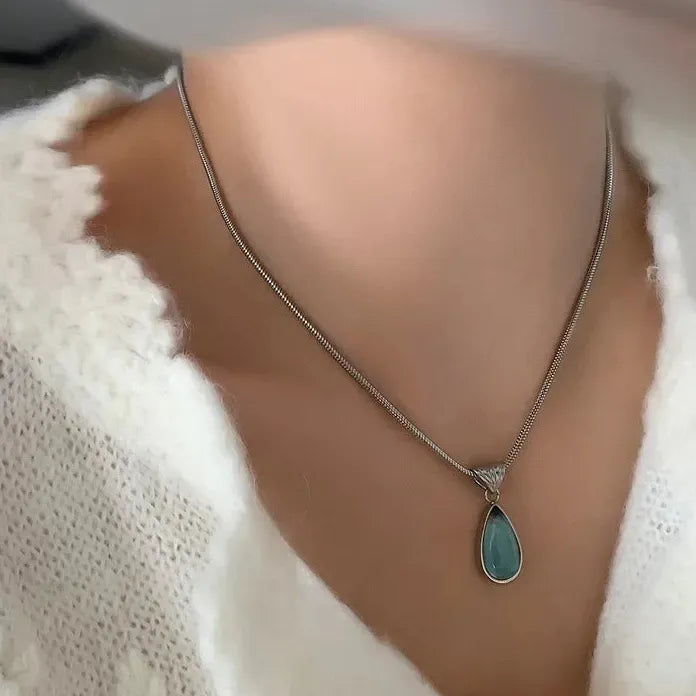 French Blue Water Drop Pendant Snake Bone Chain Necklace Women Y2K Zinc Alloy Resin 2026