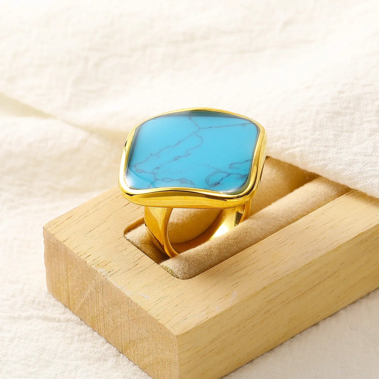 Oversize Natural Abalone Shell Ring for Women 18K Gold Plated Stainless Steel