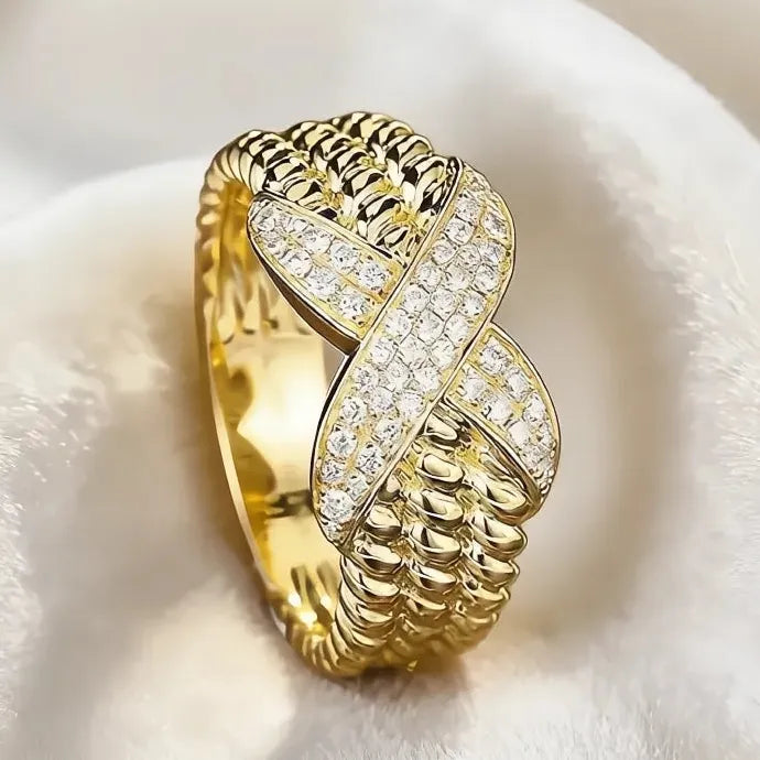 Gold Cross Ring Women Luxury CZ Wedding Fashion Party Jewelry Gift Brass