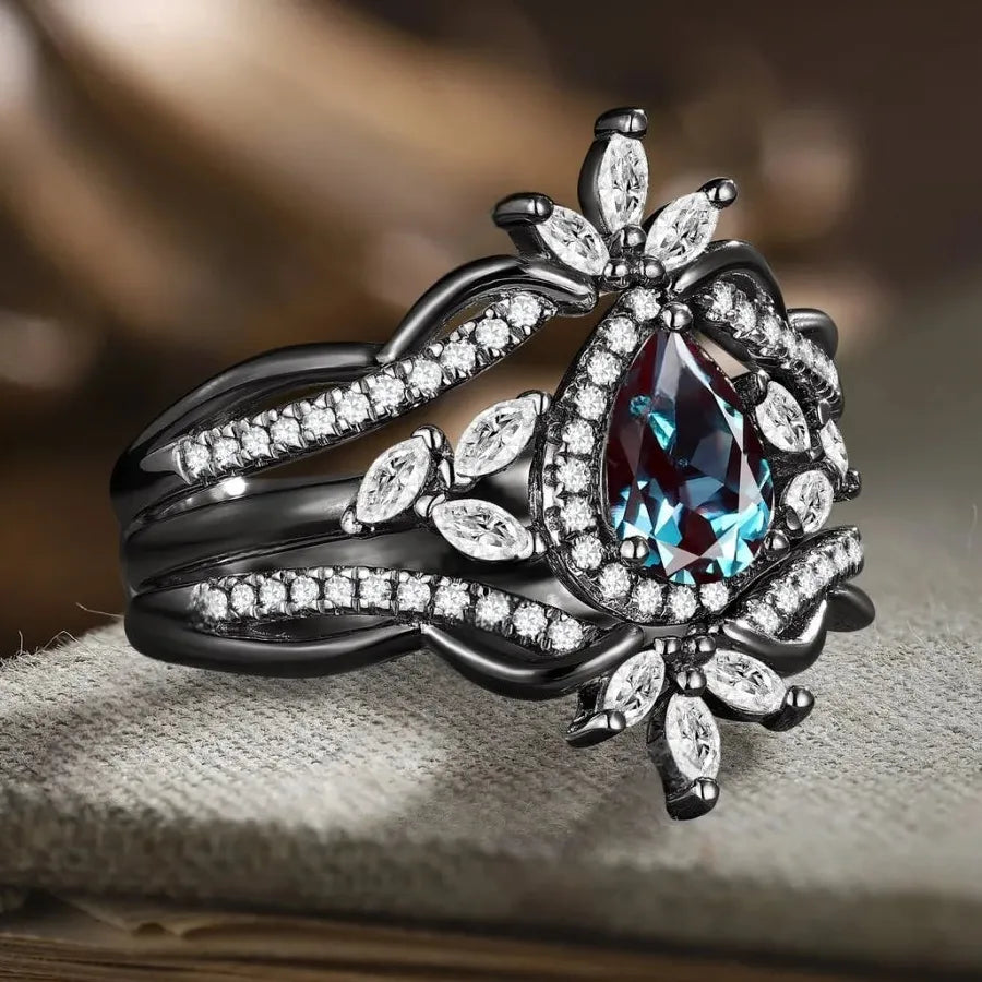 3 Piece Retro Gun Plated Black Zinc Alloy Ring Set with Micro Black Zircon