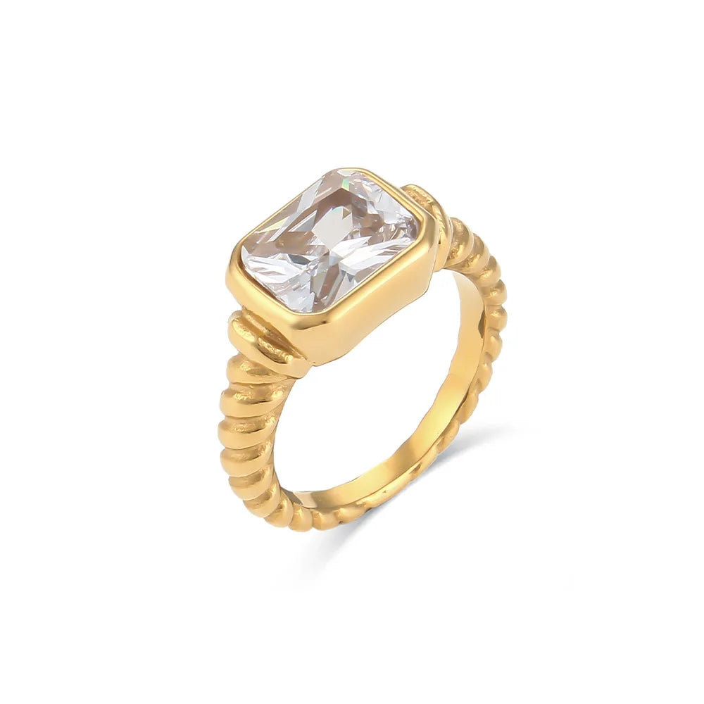 18K Gold Plated Stainless Steel CZ Geometric Twist Chunky Wedding Ring