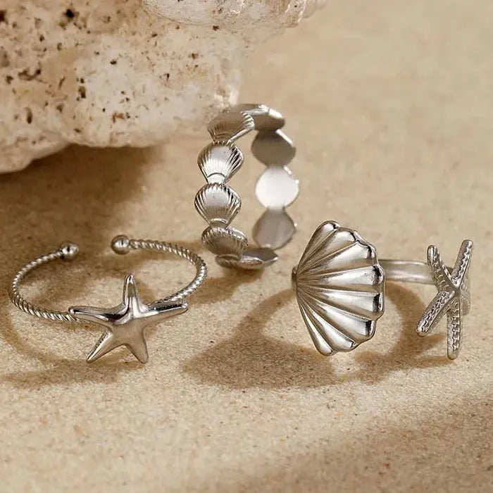 Adjustable Stainless Steel Starfish Conch Shell Ring for Women Gift Jewelry Gold