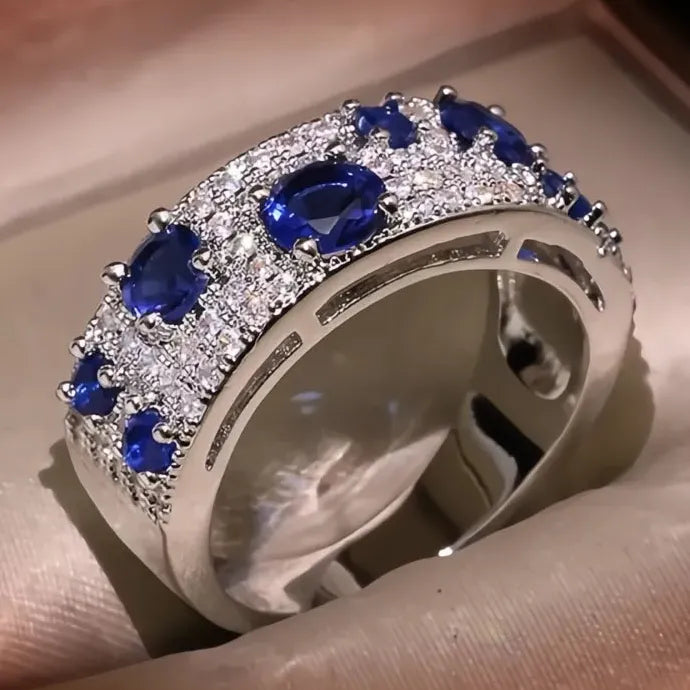 Blue White CZ Geometric Brass Wedding Engagement Ring for Women