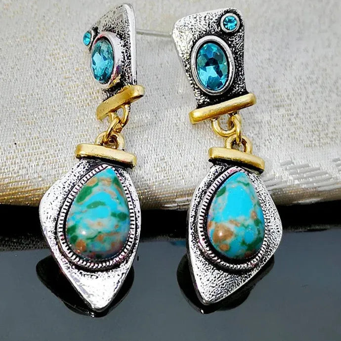Vintage Blue Rhinestone Green Stone Tribal Zinc Alloy Drop Earrings for Women