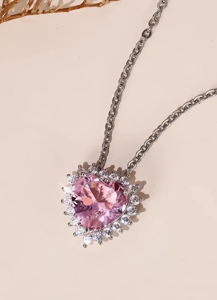 Pink Heart CZ Pendant Necklace Romantic Wedding Engagement Gift Jewelry