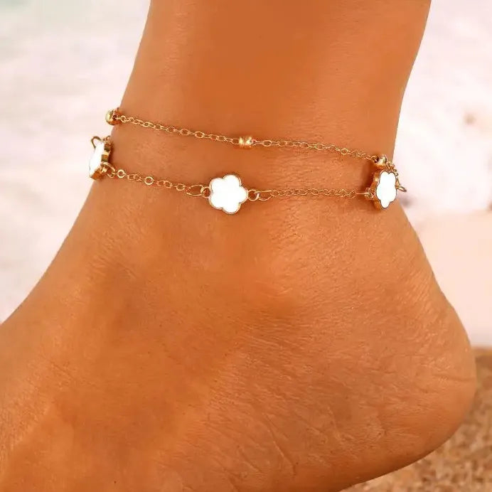 2Pcs Adjustable Zinc Alloy Five-Petal Flower Anklet for Women