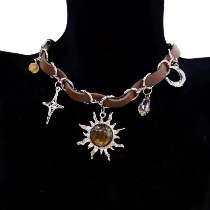 Retro Y2K Brown Opal Sun Geometric Circle Pendant Necklace Men Women Hip Hop Grunge Jewelry