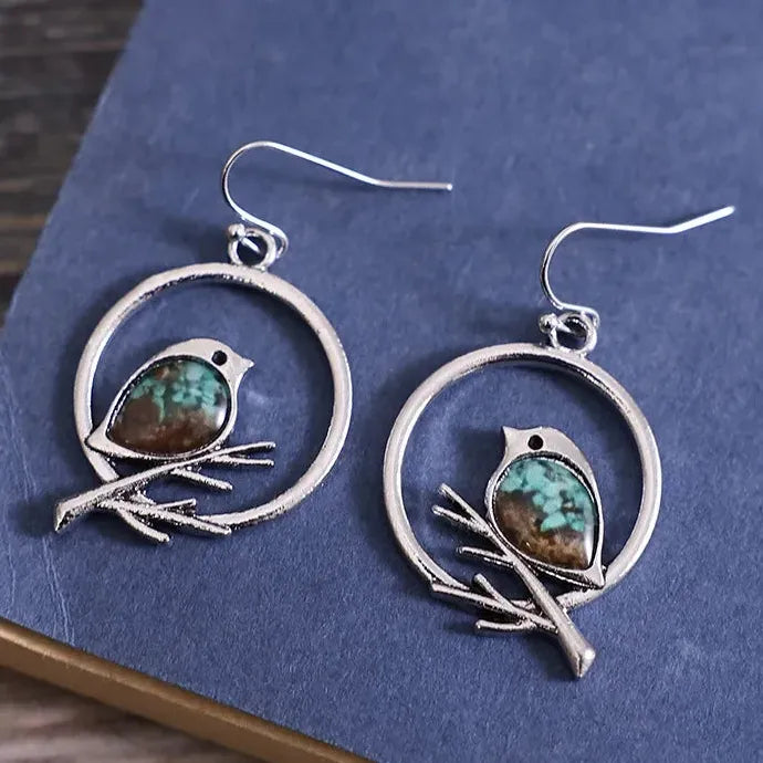 Vintage Branch Bird Drop Earrings Zinc Alloy Resin Women's Jewelry
