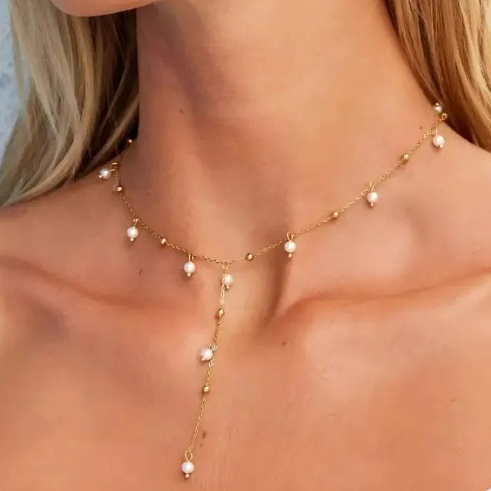 Vintage Gold Stainless Steel Pearl Circle Pendant Y-Shaped Long Chain Necklace Women