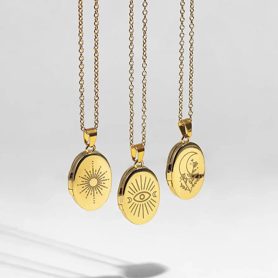 Vintage Gold Moon Evil Eye Photo Frame Locket Pendant Necklace Stainless Steel Jewelry