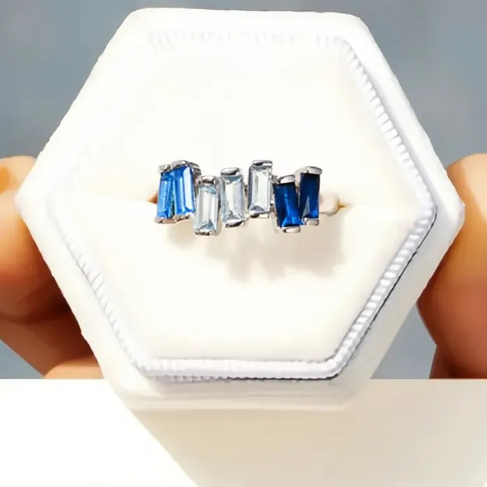 Chic Women’s Geometric Brass Ring with Blue Zirconia Wedding Jewelry
