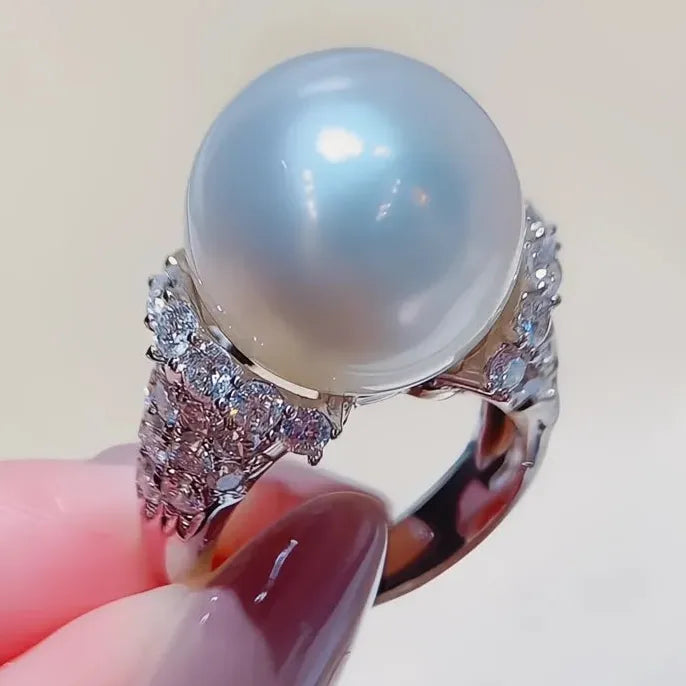 Iced Out CZ Simulated Pearl Wedding Ring for Women Silver Brass Full Bling