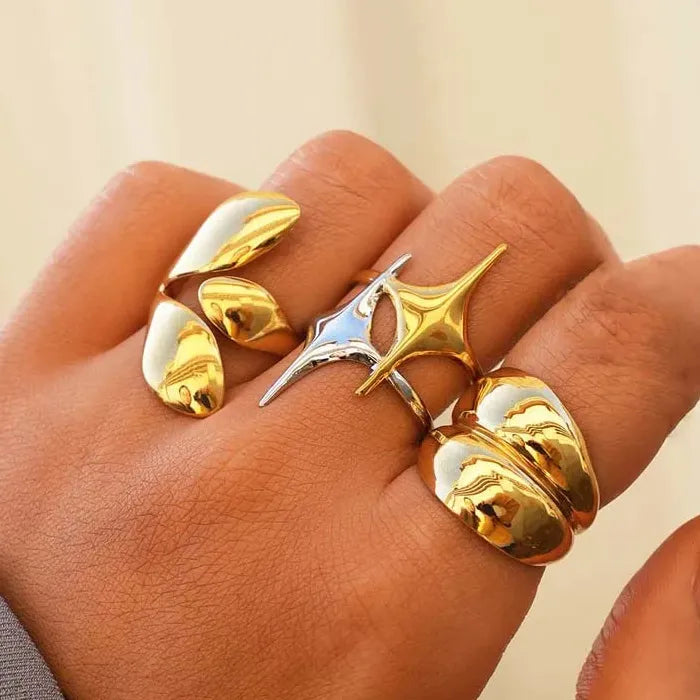 Adjustable Stainless Steel Star Ring for Women Gold Color Punk Jewelry Gift