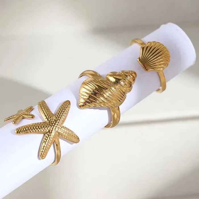 Adjustable Stainless Steel Starfish Conch Shell Ring for Women Gift Jewelry Gold