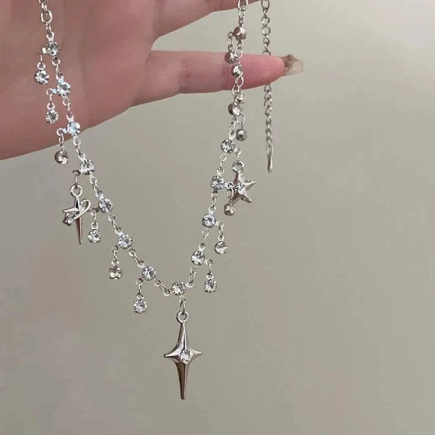 Star Tassel Crystal Zircon Pendant Necklace for Women Girls Zinc Alloy Chain