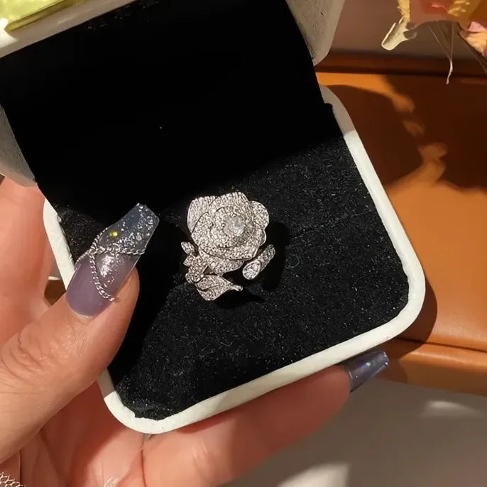 Adjustable Flower Cubic Zirconia Brass Ring for Women Wedding Party Jewelry