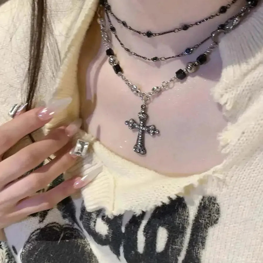Punk Hiphop Black Cross Pendant Necklace Y2K Gothic Rhinestone Jewelry