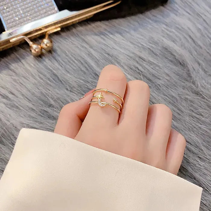 Adjustable Copper Ring Women’s Fashion Star Moon CZ Jewelry Accessories
