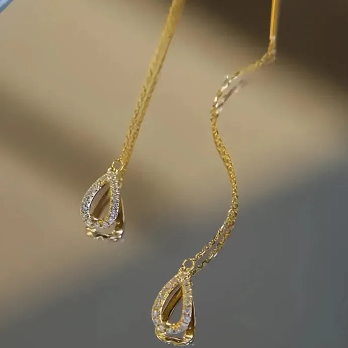 Water Drop Pear Shaped CZ Long Tassel Bridal Earrings
