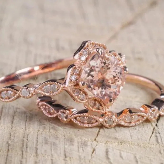 AAA Zircon Stone Micro Paved Rose Gold Bridal Engagement Ring Set Women’s Jewelry