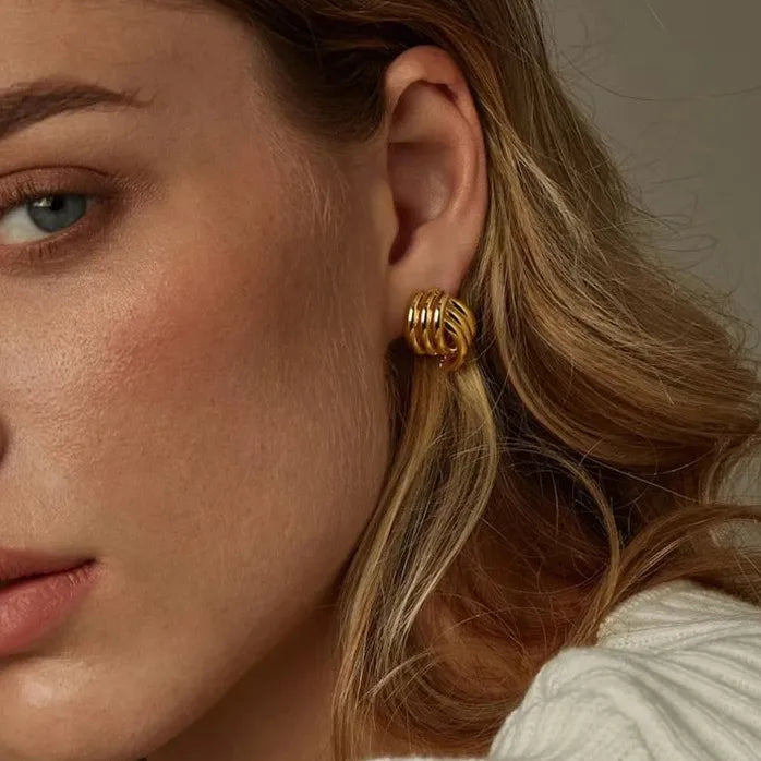 Gold Copper Alloy Three-Layer Textured Knot Earrings Women Vintage Jewelry